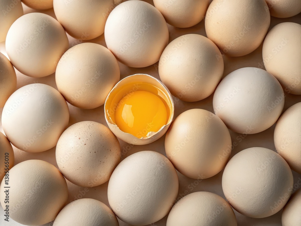 Poster A collection of eggs arranged in a grid pattern, with one egg cracked open in the center, revealing its yolk. The eggs are light brown and uniformly sized. The background is white, creating a clean an