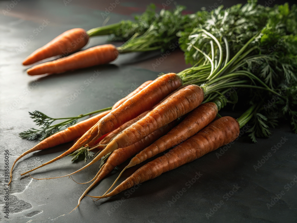 Poster several fresh carrots with their green tops still attached are arranged on a dark, textured surface.