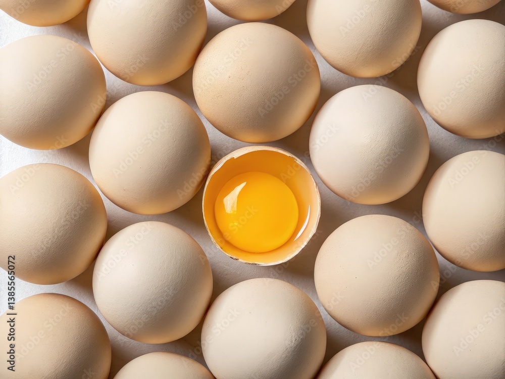 Poster A collection of eggs arranged in a grid pattern, with one egg cracked open in the center, revealing its yolk. The eggs are light brown and uniformly sized. The background is white, creating a clean an