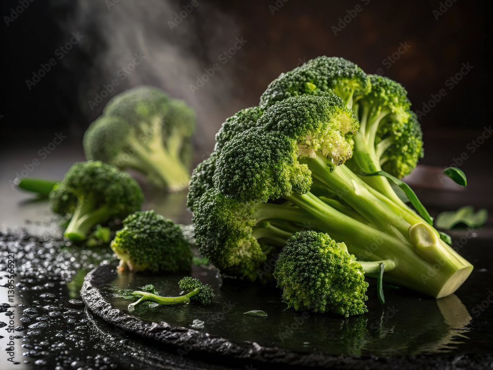 Poster fresh broccoli florets are arranged on a dark, textured surface, with some smaller pieces scattered 