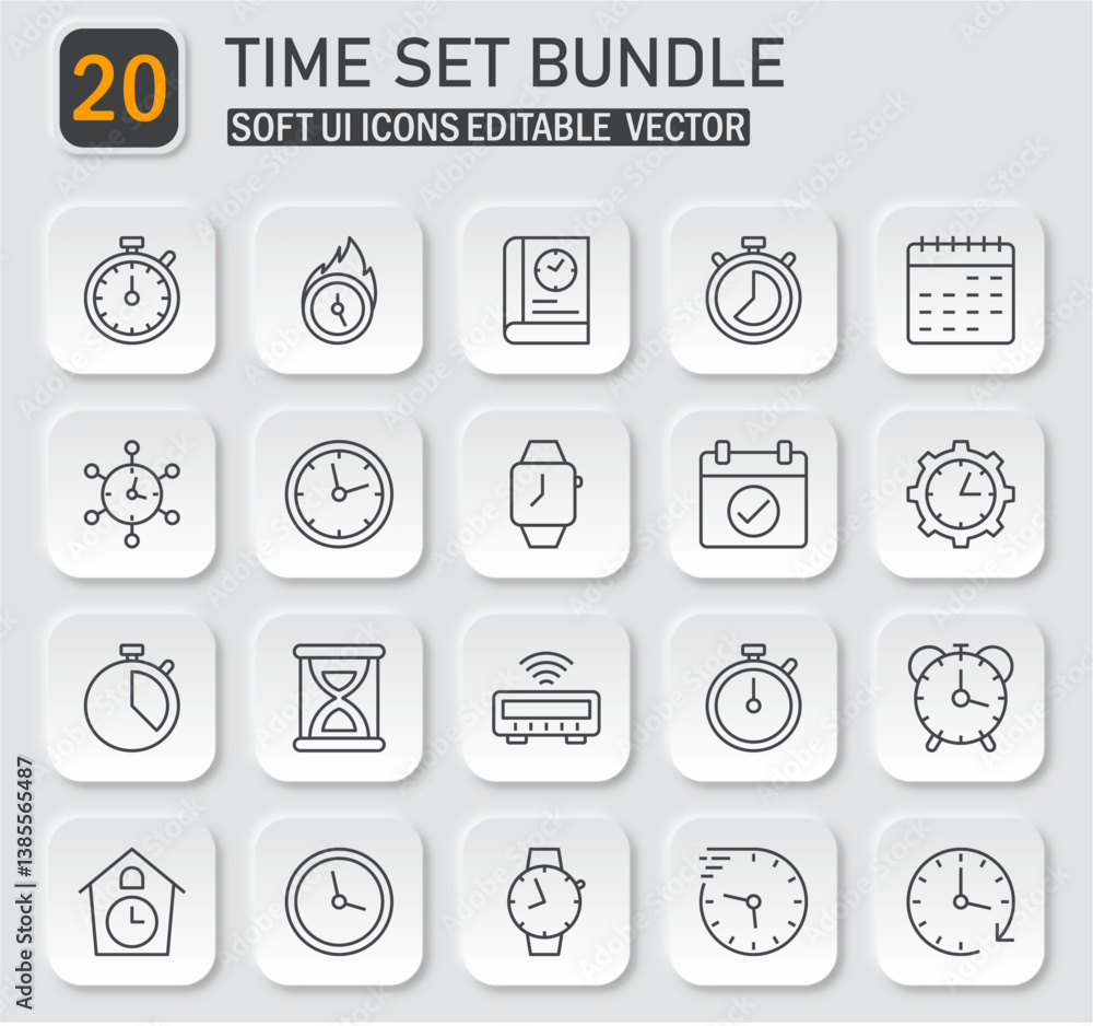Poster elegant time management and scheduling icon collection with soft ui aesthetic design