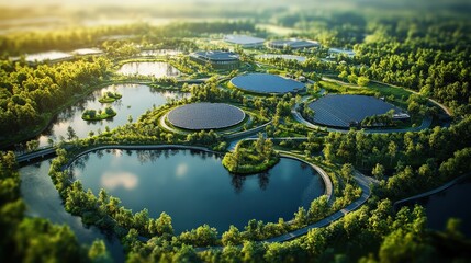 Aerial view of a lush landscape featuring circular ponds, solar panels, and greenery, highlighting sustainable design and nature integration.