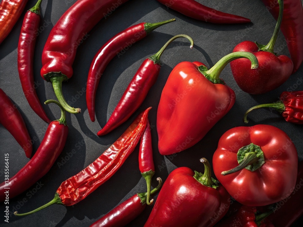 Poster a collection of red chili peppers arranged neatly in rows, showcasing their vibrant color and glossy