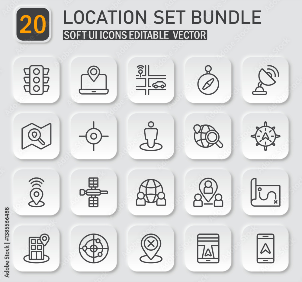 Poster comprehensive location and navigation icon set featuring soft ui elements and vector