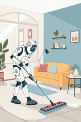 Robot Cleans Living Room With Modern Decor and Bright Colors Generative AI