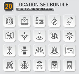 Comprehensive location and navigation icon set featuring soft UI elements and vector