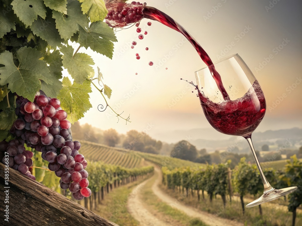 Poster a glass of red wine is being poured from a bottle into a glass on a table with grapes in the backgro