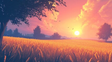 Golden wheat field at sunset, with birds flying and trees in the background.