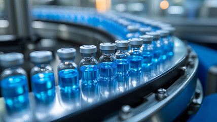 Antibiotic Vial Production. Vials of blue antibiotics move along a conveyor belt. Pharmaceutical manufacturing.