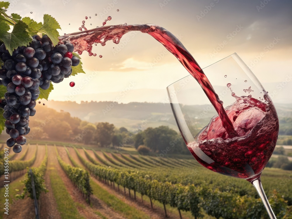 Poster a glass of red wine is being poured from a bottle into it by someone's hand. the bottle is filled wi
