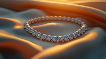 Fototapeta premium Gleaming diamond necklace rests on golden silk