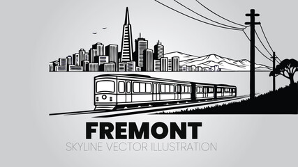 Minimalist Fremont skyline silhouette on a white background, incorporating Mission Peak, Niles Canyon Railway, and city skyline.
