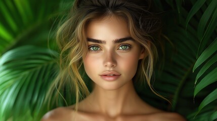 Naklejka premium Young woman with flawless skin framed by tropical foliage - Natural beauty in a serene green sanctuary