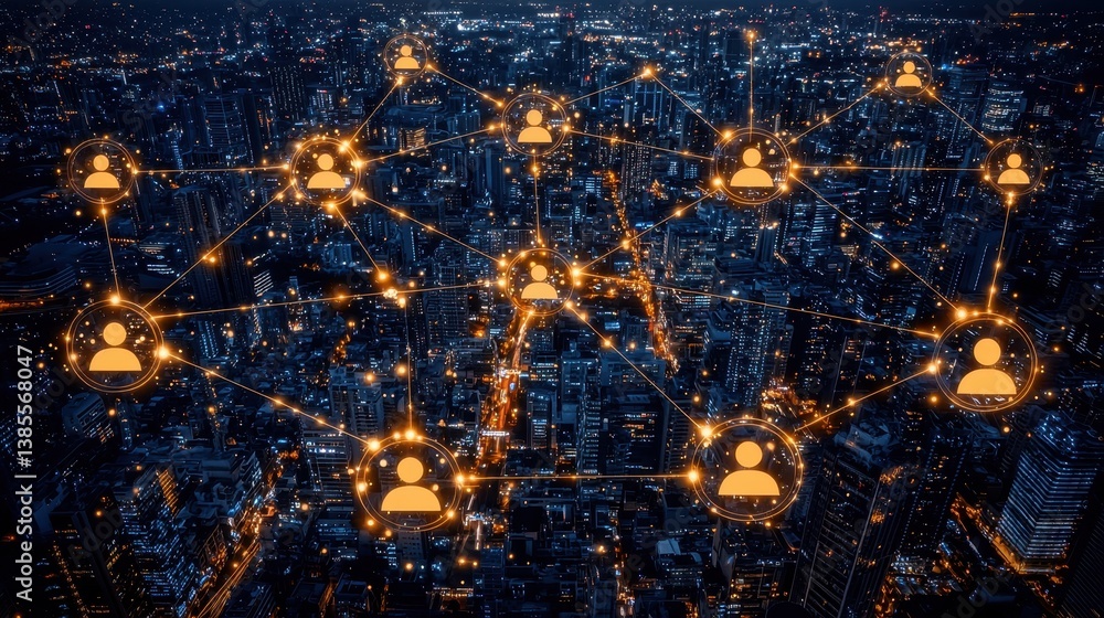 Poster interconnected network of digital users over a cityscape at night highlighting social connections an