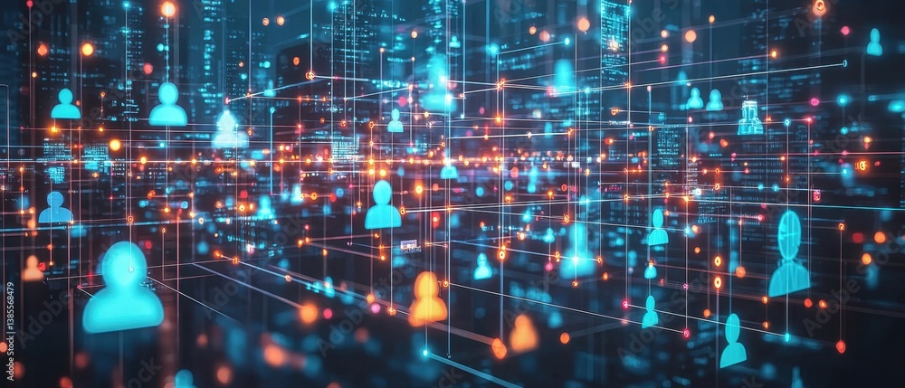 Poster digital network visualization with glowing connections and abstract user icons in a futuristic city 