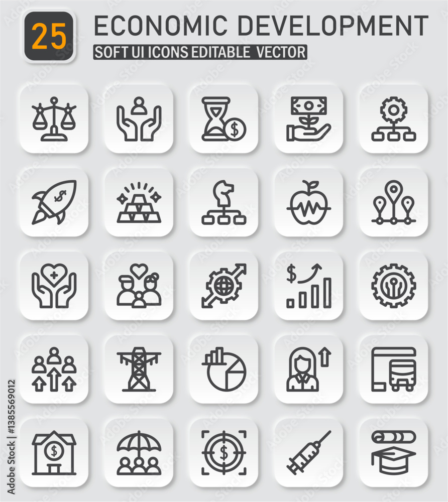 Poster comprehensive economic development icon set with soft ui editable vectors
