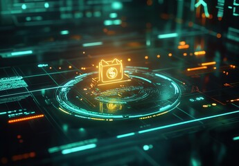 A glowing green screen with a dollar sign on it. The dollar sign is surrounded by a circle and is lit up in yellow. The image gives off a futuristic and technological vibe