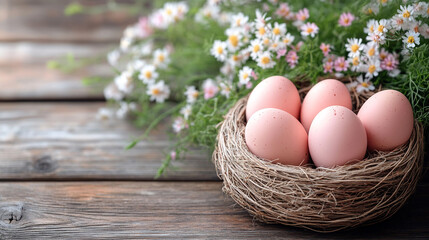 Nest of Pink Eggs Resting on Rustic Wooden Table With Spring Flowers