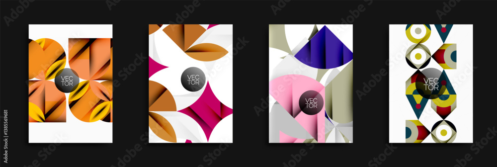 Aufkleber four abstract vector backgrounds. geometric shapes overlap, creating dynamic compositions. colors in