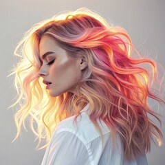 Fototapeta premium Young Woman With Vibrant Pink and Blonde Hair in Soft Light Generative AI