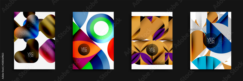Poster abstract vector designs showcase vibrant color palettes, geometric shapes, overlapping elements. mod
