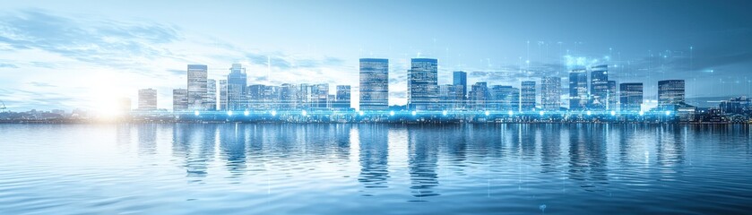 Fototapeta premium Modern city skyline at dusk with reflections in water, illuminated by lights, showcasing a blend of technology and nature