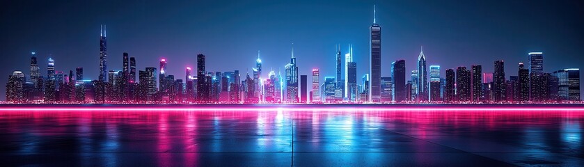 Fototapeta premium Vibrant urban skyline at night with colorful lights reflecting on the water, showcasing modern architecture and city life