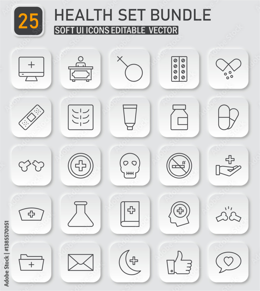 Poster comprehensive health and medical icon set featuring a soft user interface design
