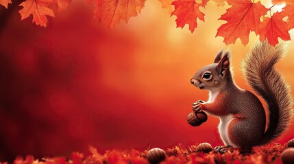 A red maple stands tall in the cool autumn air. Autumn scene on red background with space for your message. A squirrel gathers acorns.