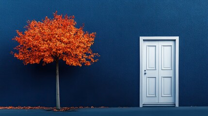 A silver door contrasts a navy blue tree. Fall mood on a navy blue background with copy space.