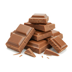 Irresistible Pile of Creamy Milk Chocolate Chunks and Shavings on a Clean White Background for Confectionery, Dessert, and Sweet Treat Concepts