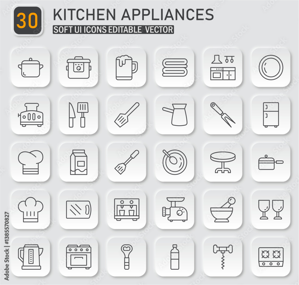 Poster comprehensive kitchen appliances icon set with soft ui style and editable vectors