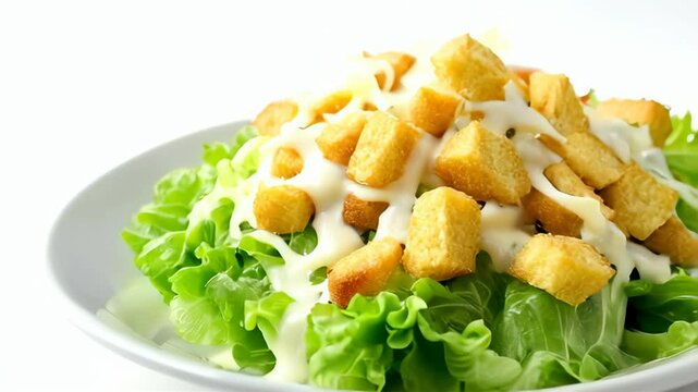 Close-up of fresh caesar salad with croutons and creamy dressing on a white plate, concept for healthy food photography, restaurant menu, and cookbook
