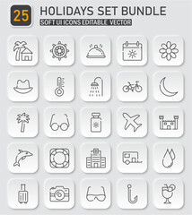 Holiday and Vacation Soft UI Icon Set: Modern Editable Vector Travel and Leisure Symbols