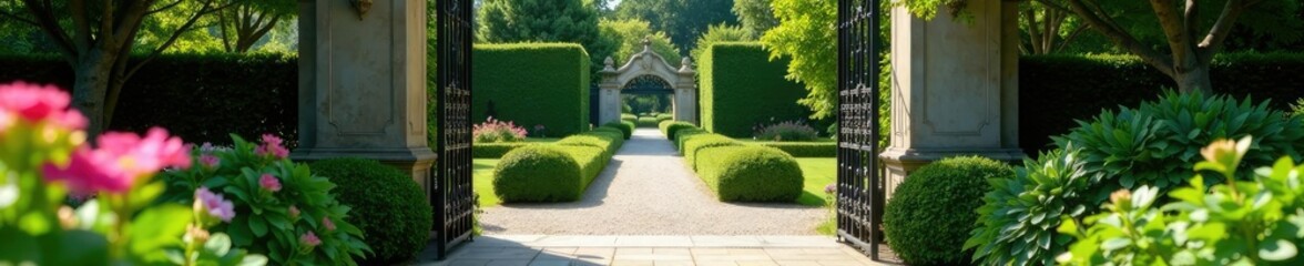Ornate metalwork adorns a serene garden entrance, shrubs, pathway, plants