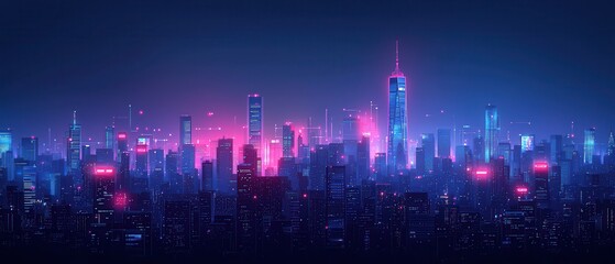 Vibrant City Skyline at Night with Neon Lights, Skyscrapers, and Futuristic Atmosphere Illuminated by Colorful Glows