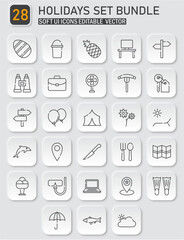 Essential holiday icons bundle, soft ui style vectors for travel and vacation designs