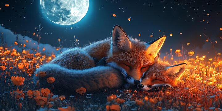 Two Foxes Cuddling Under a Full Moon in a Field of Flowers for Wildlife Art, Romantic Themes, or Peaceful Night Scenes