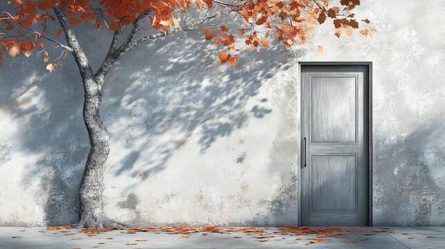 Autumn emerges. A grey door swings open under a silver tree. Fall mood on a silver background with copy space.