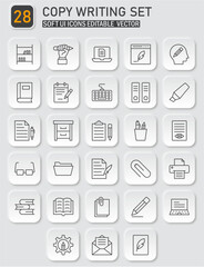 Comprehensive set of linear icons representing copywriting and writing essentials