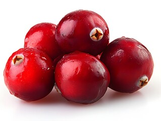 Obraz premium A close-up shot showcases a small pile of fresh vibrant red cranberries glistening with moisture on a pure white background.