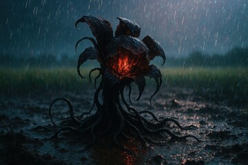 Horror bloom with glowing red core and twisting tendrils emerging from muddy rain-soaked field under stormy night sky

