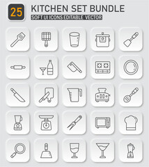Essential kitchen utensils and appliances collection in modern neumorphic icon style