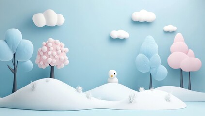 Pastel winter scene with snowman, whimsical trees, and hills