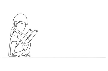 Obraz premium Continuous one line drawing of female architect holding blueprint paper. Single line drawing illustration of woman construction worker. Work profession concept vector art. Doodle line illustration.