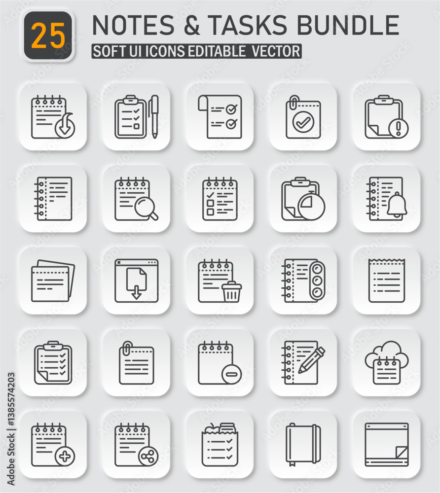 Poster notes and tasks icon set: streamlined soft ui vector collection for productivity