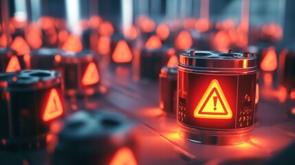 Cyber security threat, digital warning sign on multiple server units.