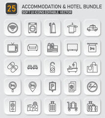 Collection of modern and trendy soft UI style icons for accommodation and hotel services