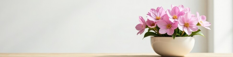 Softly lit Petrea volubilis blooms in a shallow vase on a wooden table, floral arrangement, table, white background