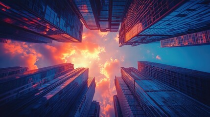 Urban Panorama: Dramatic view of towering skyscrapers against a vibrant sky, offering an impressive urban perspective. A picture to evoke a sense of wonder and aspiration